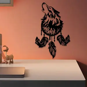 1pc Wolf Dreamcatcher Metal Wall Art, Hanging Wall Art, Wolf Dreamcatcher Statue Mural, Perfect for Nursery Wall, Birthday Decor, Ideal Gift for New Parents, Illuminated Metal