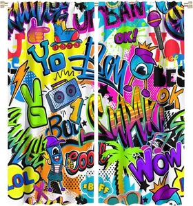 Graffiti Curtains Colorful Hip Hop Style Blackout Print Rod Pocket Window Drapes for Bedroom Living Room 42x45in