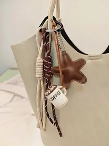 Coffee Cup Fabric Decorative Pendant, Women's Bag Charm Heart Bag Hanger, Woven Rope Fabric Coffee Cup, Star Pendant, Stylish Playful Charm, Christmas Gift Cartoon Backpack Pendant Keychain, Personalized Coffee Cup Charm Gift