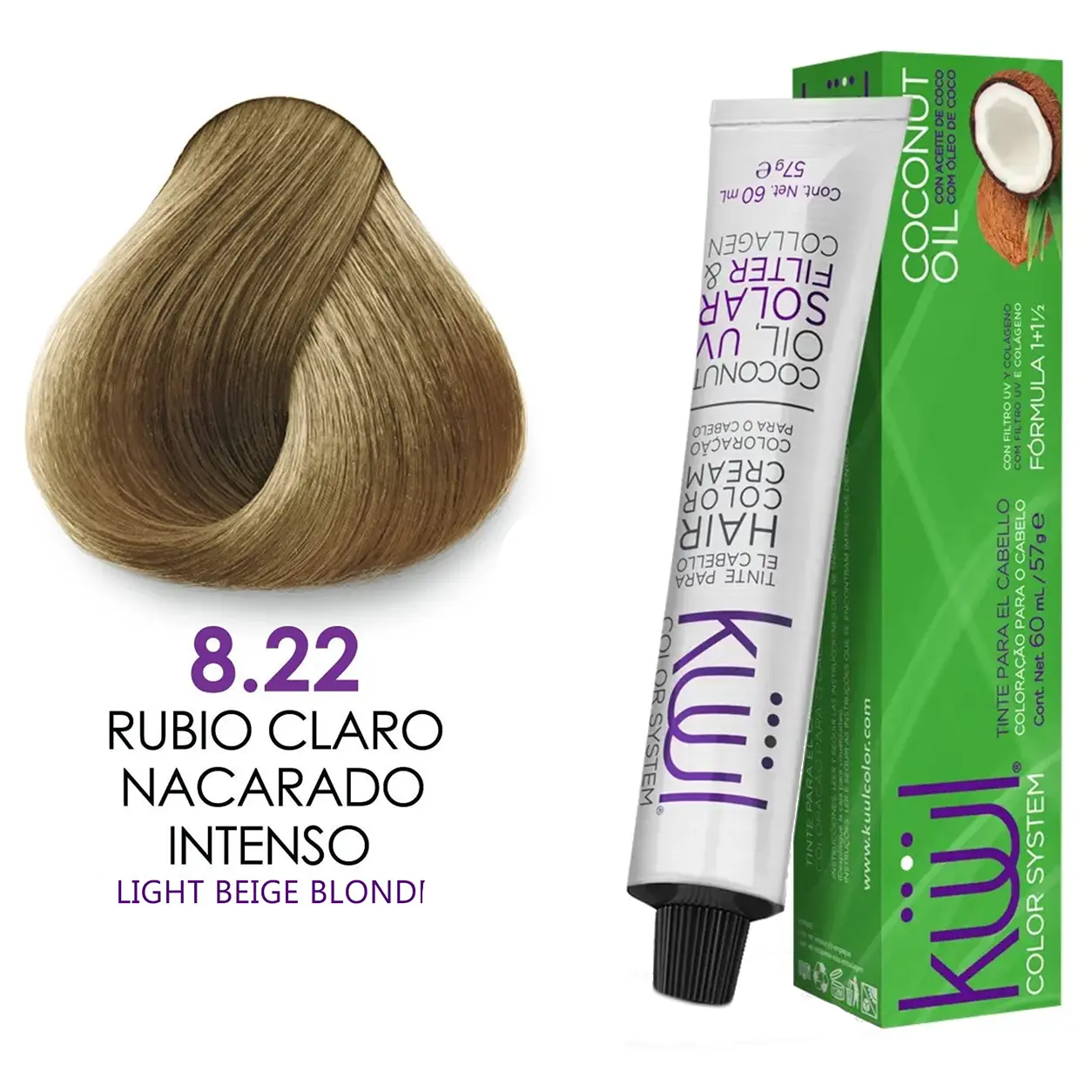 Kuul Color System [ 8.22 ] Rubio Claro Nacarado Intenso | Light Deep Nacre Blonde | Tinte Para El Cabello | Permanent Hair Dye | 3.04 fl oz / 90 ml
