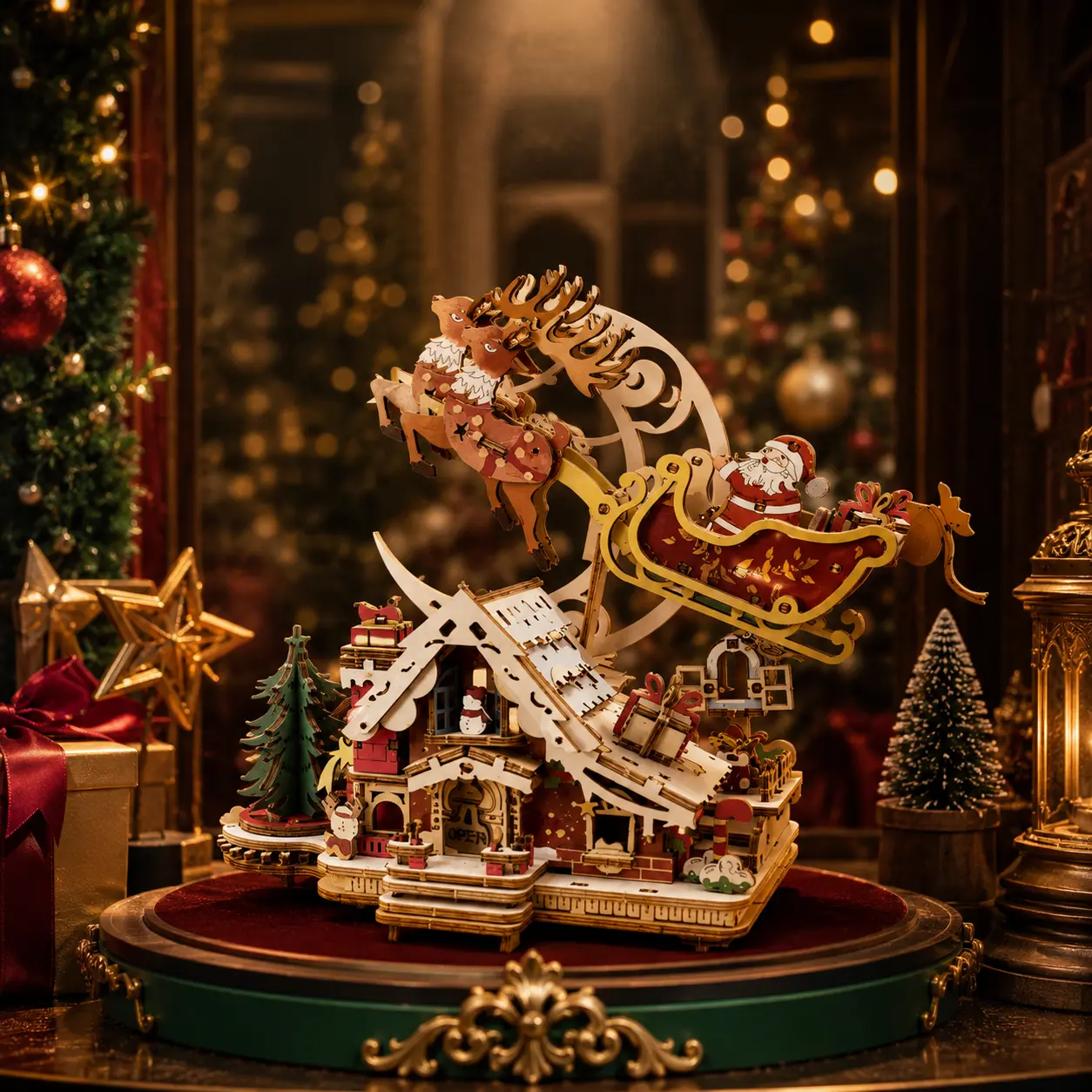 DIY Christmas Music Box Kit, 3D Wooden Puzzle with Wind-Up Melody and Moving Santa Sleigh, Holiday Tabletop Decor for Adult Craft Lovers and Collectors