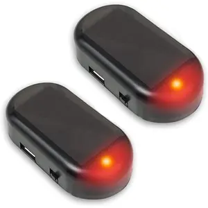 2Pcs Car Solar Power Simulated Dummy Alarm Device Anti-Theft LED Flashing Security Light Fake Lamp Automotive Warning Interior Safety Lights with USB Charger Port (2 Red)