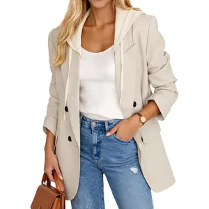 Mina Self 2026 Summer Women's Hooded Blazer Jacket-Lightweight Long Double-Breasted Oversized Casual Full-Lined Work Pocket