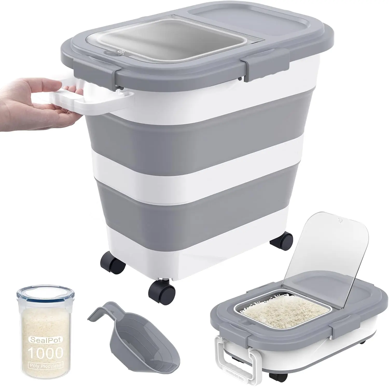 25-35Lbs Rice Container,Collapsible Airtight Food Storage Containers with Wheels,Handle,Rice Storage Container with Small Bin and Scoop,Rice Dispenser for Flour Sugar Cereal Grain Dog CatGift.