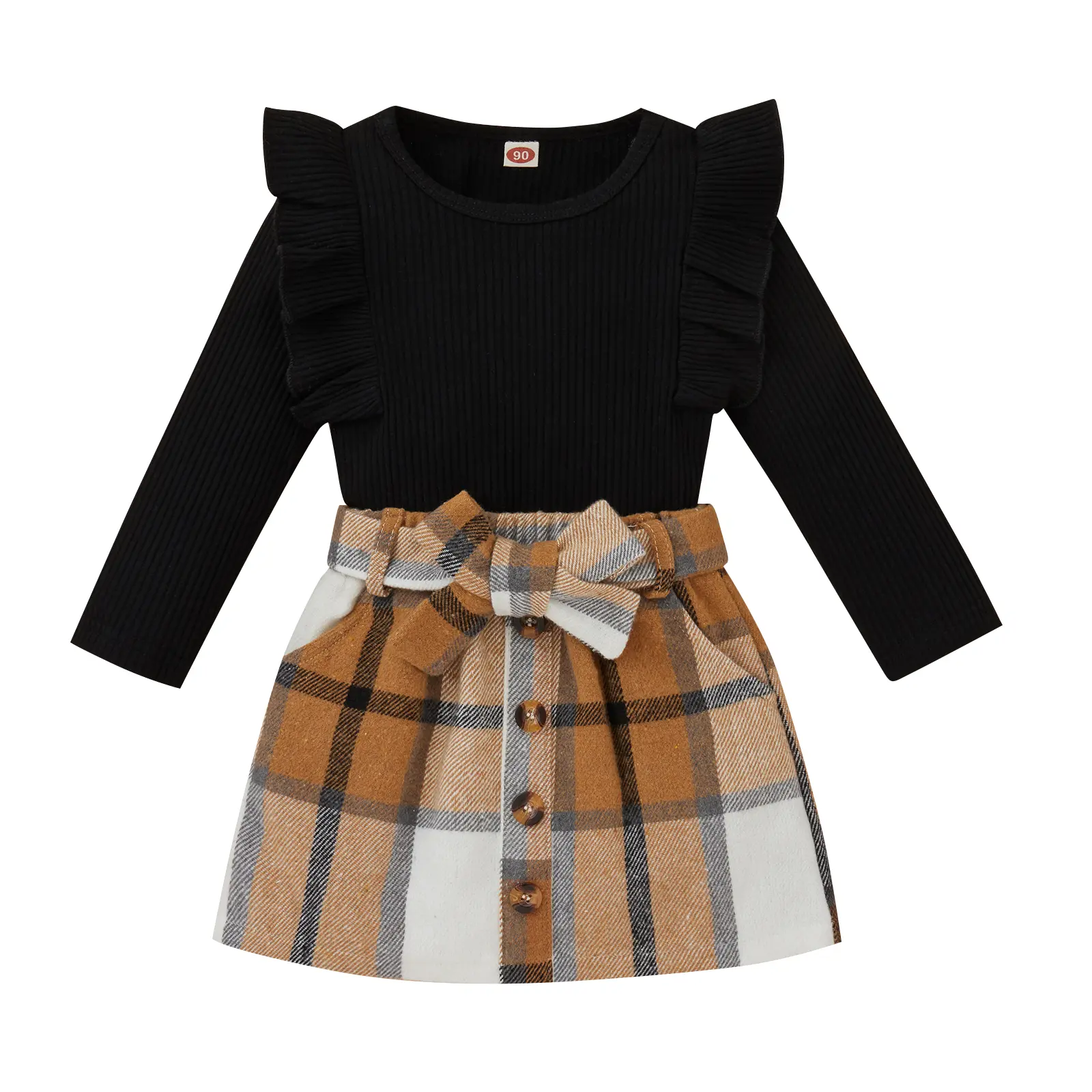 Toddler Baby Girl Fall Winter Clothes Turtleneck Solid Knit Pullover Tops Plaid Button Mini Skirts Set Outfits