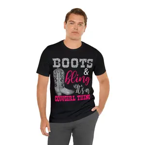 Funny Cowgirl Boots Bling Women Gift Cute Love Country Life T-Shirt, Black