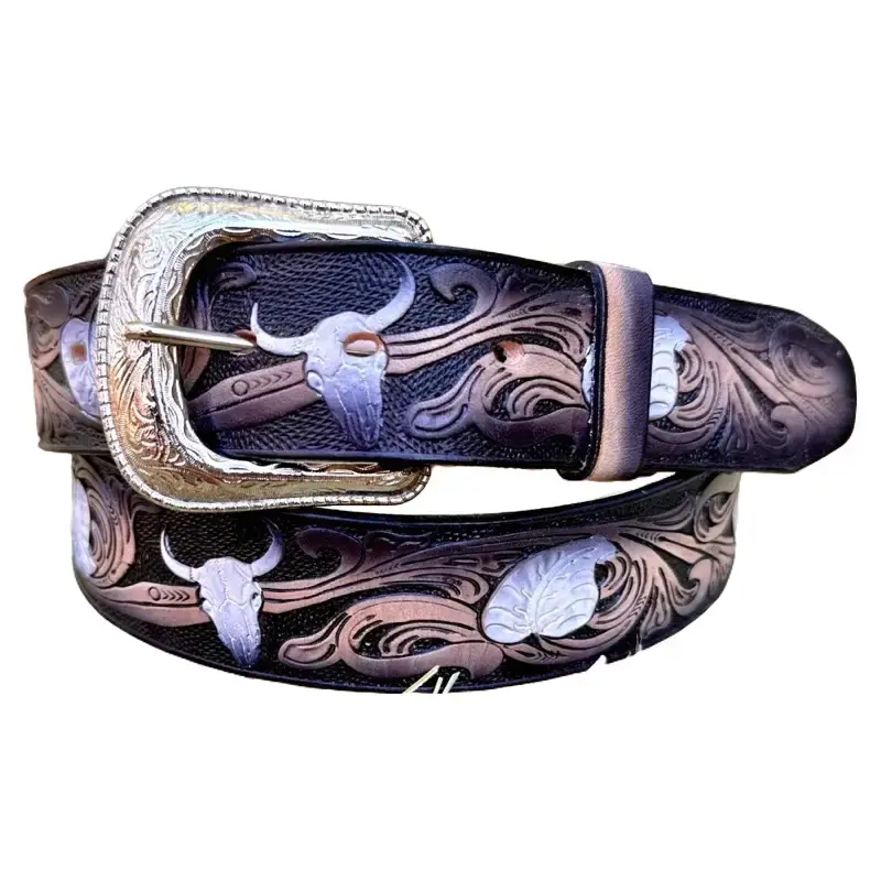 Leather Men's Belt Bull Rider Belt Made in Mexico Removable Belt Buckle Western Tooled Aesthetic 1.5 Inch Width
