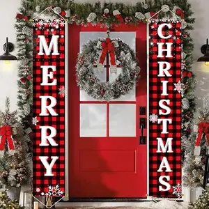 Christmas Decorations Outdoor Yard Front Porch Sign Set, Red Black Buffalo Plaid Door Banner, Hanging Merry Christmas Decorations for Home, Indoor Outdoor Xmas Decor Wall Front Door Yard Garage