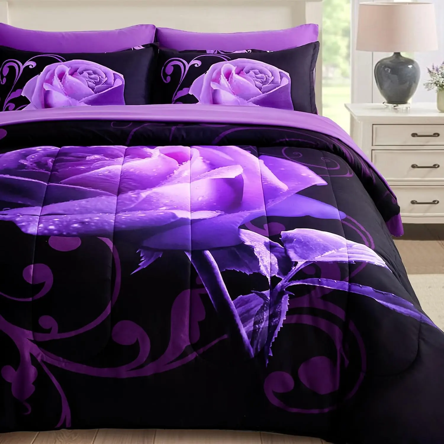 7-Piece Noble Synthetic Microfiber Bed-in-a-Bag Comforter Set, Modern Purple Reversible Rose Bedding for Valentine’s Day Bedroom Decor - Lightweight with High Density Stitch, Flat Sheet, Fitted Sheet, Pillowcases & Shams, Seven Piece