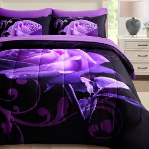 Purple Comforter Set , Reversible Purple Rose 7 count Bed in a Bag, Lightweight Soft Microfiber  Sets with Flat Sheet, Fitted Sheet, Pillowcases & Shams
