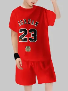 Jordan 23 Basketball Style Kids Short Sleeve Set, Breathable Cartoon Pattern Team Uniform, Casual Fitted Crop Top, Youth Shorts