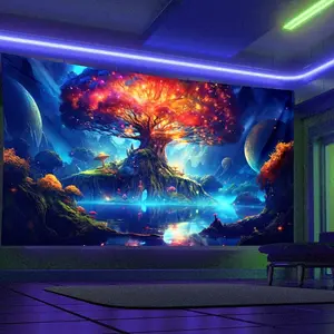 1pc Tree Forest for galaxy Fluorescent Tapestry, Colorful Aesthetic Polyster UV Blacklight Tapestry, Wall Hanging For Living Room Bedroom Office Home Decor/Room Decor/Party Decor, With Free Installation Package 60X40
