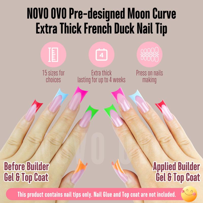 NOVO OVO French Tip Duck Feet Nail Tips 5 Mix Color Full Cover for Press on Acrylic with Moon Curve, Need Top Coat and Builder Gel, Thick Medim Soft Gel Fake False Nail Extension X 15 Sizes 150 Pcs【NO GLUE ,TOP COATAND LAMP INCLUDED】