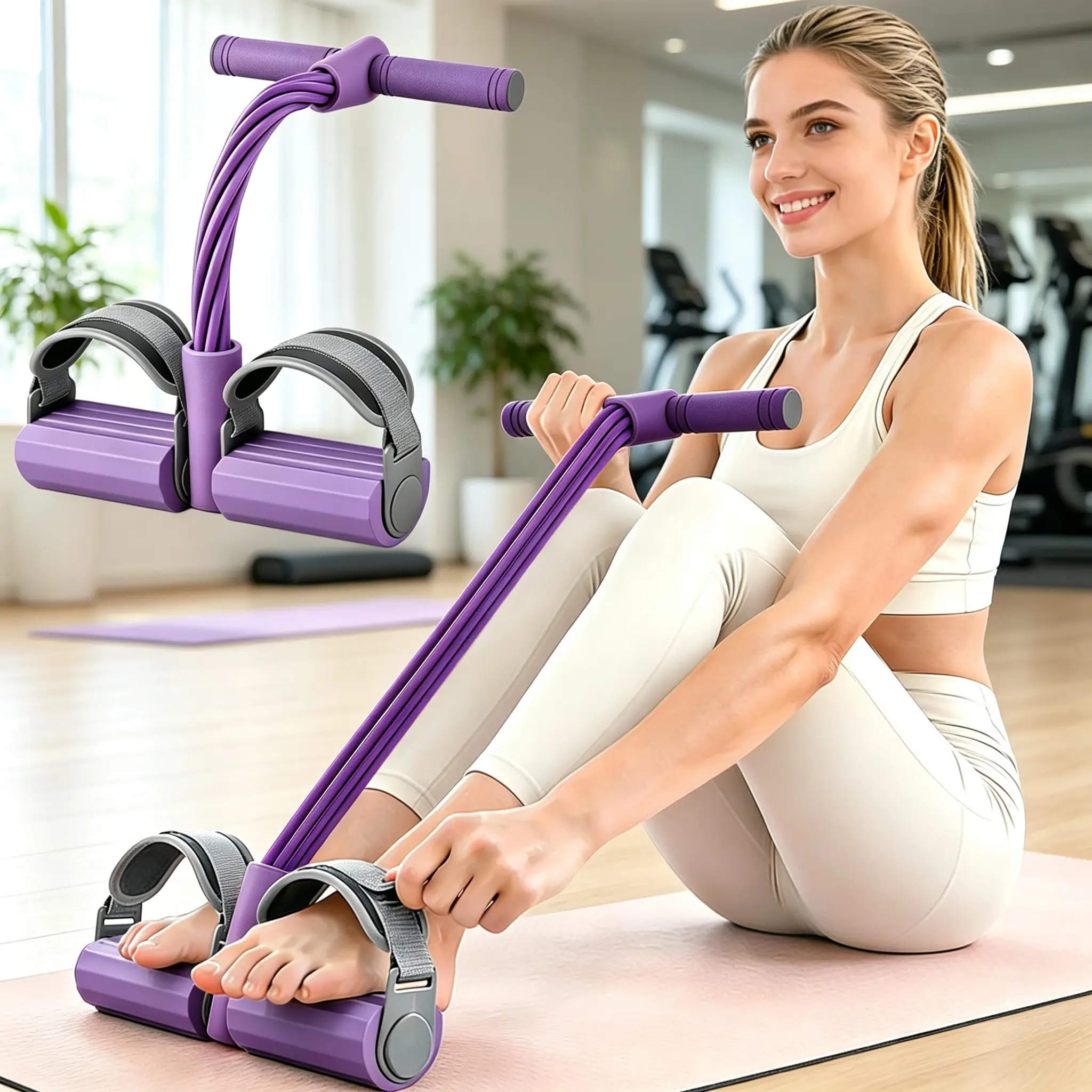 Upgraded 6 Tube Pedal Resistance Exercise Band, Adjustable Ankle Strap Bands with Handles, Natural Rubber Foot Pedal Exerciser, Full Body Fitness Training Band, Workout Equipment for Abs, Waist, Arms, Legs, Suitable for All Foot Sizes