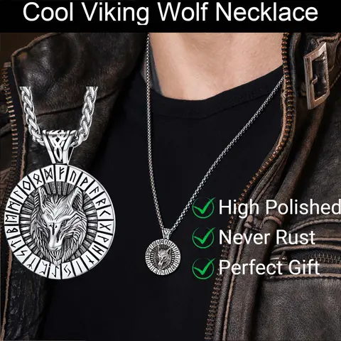 FaithHeart Viking Wolf Rune Animal Amulet Necklace for Men, High Polished 316L Stainless Steel Norse Pendant with Classical Artificial Gemstone, Casual Daily Wear Jewelry for Birthday, Father's Day Gifts