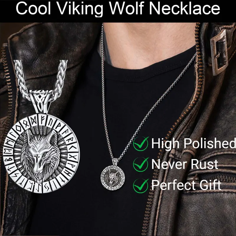 FaithHeart Viking Wolf Rune Animal Amulet Necklace for Men, High Polished 316L Stainless Steel Norse Pendant with Classical Artificial Gemstone, Casual Daily Wear Jewelry for Birthday, Father's Day Gifts