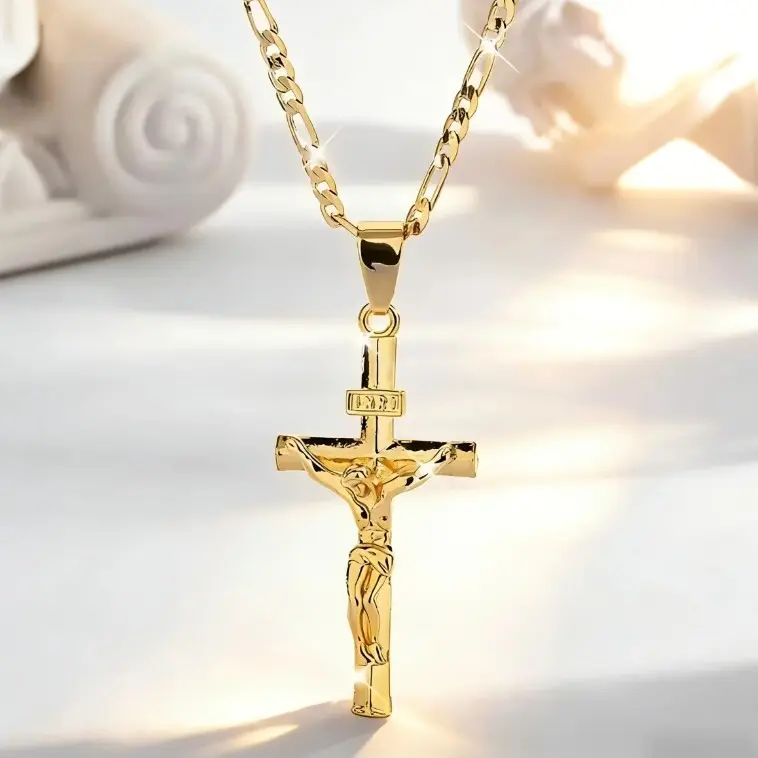 14K Gold-Plated Jesus Cross Pendant Necklace - Vintage Style, Smooth Charm Jewelry for Men, Ideal for Prayer & Holiday Blessings, Everyday Jewelry|Elegant Pendant|Durable Chain, Jesus Necklace