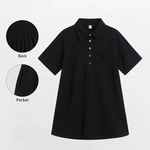 Elengatine Women's Black Plain Knitted Dress - Elegant A-Line Short-Sleeve Collared Polo with Premium Snap-Buttons, Pleated Back Flowy Vibe Ready-to-Wear Women's Clothing for Chic Preppy Summer Sundress Elegance