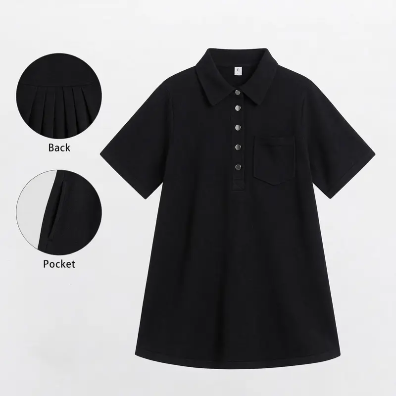 Elengatine Women's Black Plain Knitted Dress - Elegant A-Line Short-Sleeve Collared Polo with Premium Snap-Buttons, Pleated Back Flowy Vibe Ready-to-Wear Women's Clothing for Chic Preppy Summer Sundress Elegance