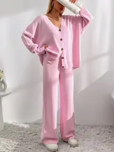 Women's Solid Color Button Front Drop Shoulder V-Neck Cardigan & Elastic Waist Wide Leg Pants Set, Fall Winter Everyday Casual Knitwear Outfit