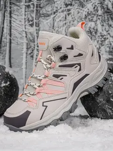 Women's Rice White Pink Color Block High-Top Hiking Boots, Outdoor Hiking Shoes, Functional Trendy Design, Breathable Mesh Splicing, Anti-Slip, Metal Buckle Decoration, Strong Grip, Suitable for Outdoor Hiking and Autumn and Winter Daily Wear