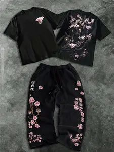 New Traditional Chinese Style Cherry Blossom Embroidery Set, Men's Loose Fit Short Sleeve T-Shirt + Wide Leg Sweatpants, Japanese Aesthetic Fashion, Streetwear Casual