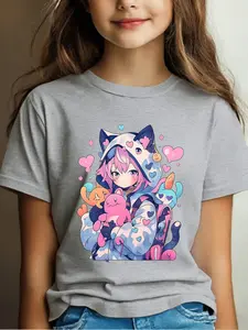 Girls' Anime Cat Girl T-Shirt, Dreamy Cartoon Print, Comfortable Soft Fabric, Casual Kids Clothing, Trendy Style, Fitted Design