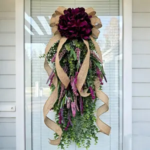 Elegant Hydrangea Hanging Door Decor, Burlap Bow, Artificial Lavender Eucalyptus Leaf, Spring Summer Doorway Decoration, Indoor Outdoor Wall Window Decor