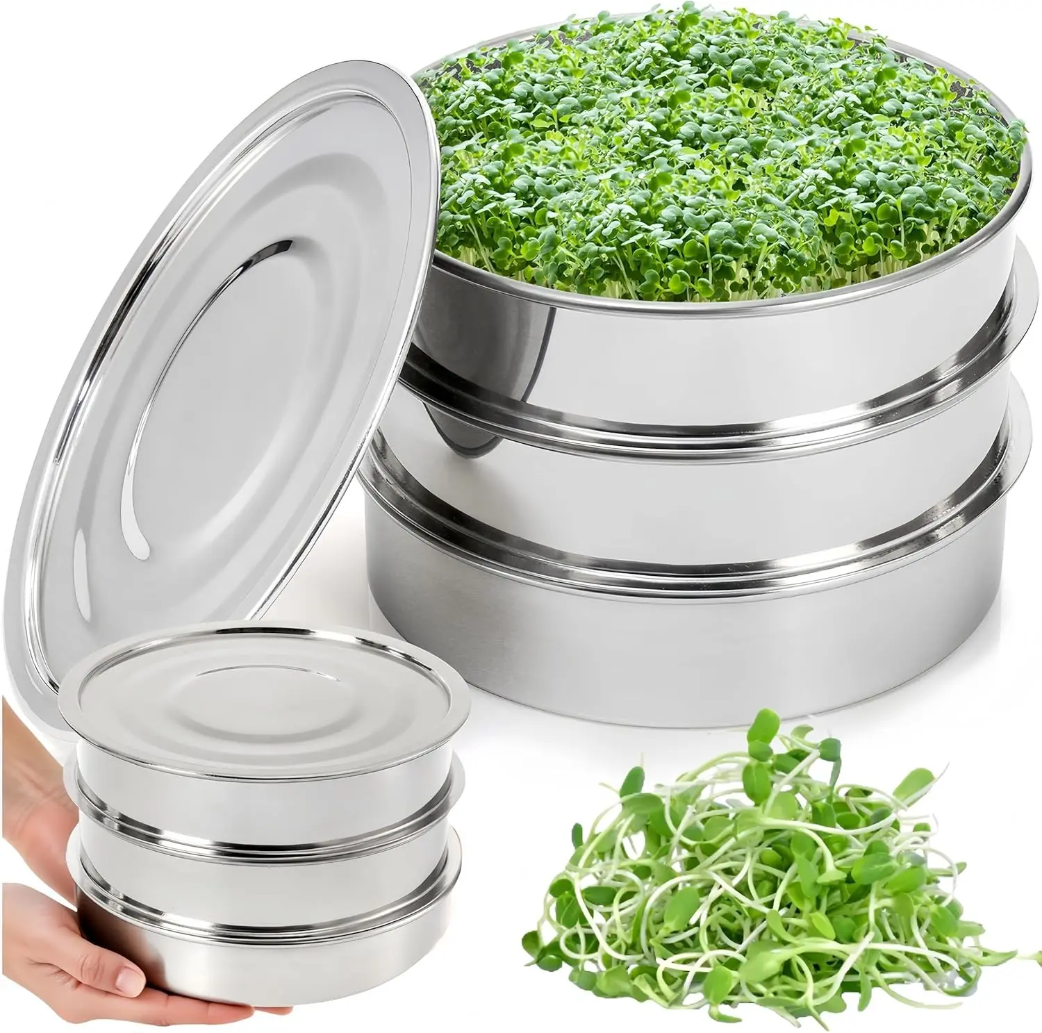 9" Stackable Stainless Steel Seed Sprouting Kit Set, 3-Tier Mesh Tray Germination Grower with Lid & Base, Soil-Free Microgreens Propagator for Beans, Peas