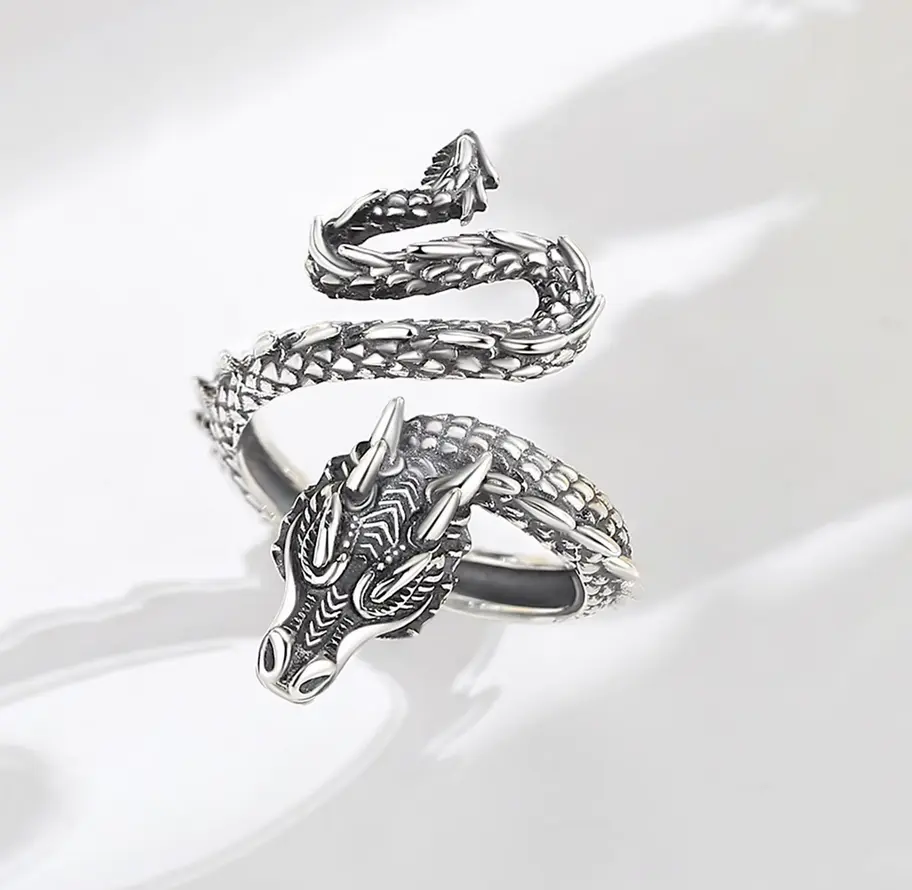 Vintage 925 Sterling Silver Retro Snake Dragon Adjustable Ring (Size 6-8)