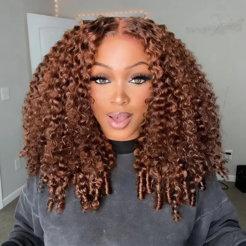OQ HAIR #4 Brown 13x6 Lace Front Human Hair Wigs With Drawstring 220% Density Burmese Curly Glueless Wig Pre Everything with Natural Hairline Colored Hair