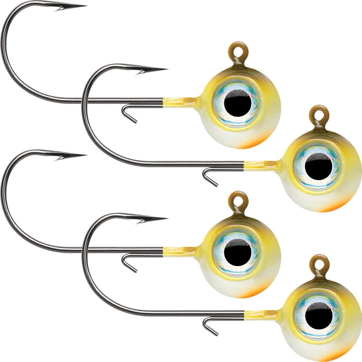 VMC Neon Moon Eye Artificial Lure Jigs - 4-Pack, 1/8 Oz, 3D Holographic, High Carbon Steel, UV Bright Eyes, Yellow Perch Fishing Lures