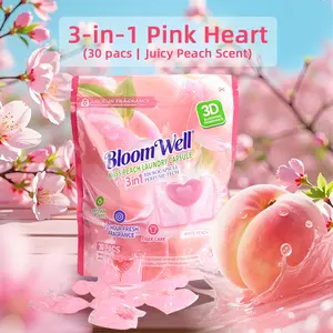 BloomWell Miss Peach 3-in-1 Laundry Pods, 30 Pcs/Bag, 1Bag/4 Bags, 3D Microcapsule Fragrance Technology, Deep Cleaning Power, HE Compatible, Fresh Peach Scent Laundry Beads for Lasting Softness & Smell