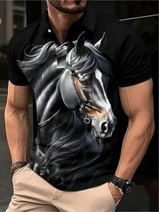 Men's 3D digital printing horse-themed vintage men's classic lapel casual comfortable spring and summer sports quick-dry short-sleeved T-shirt for business & home wear