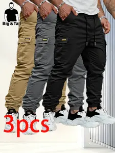 Men's Plus-Size Athletic Cargo Pants, Casual Plain Regular Fit with Drawstring Waist and Multiple Pockets for Outdoor Leisure