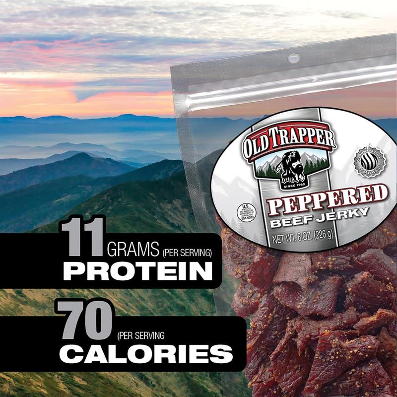 Old Trapper Beef Jerky, Peppered 8 Ounce Pack, Spicy Meat Snacks for Lunches or Between Meals, 11 Grams of Protein, Zero Grams of Fat, and 70 Calories per Serving (Pack of One)