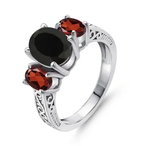 925 Sterling Silver 2.73 Cttw Black Onyx and Red Garnet 3 Stone Ring For Women, S925 Sterling Silver Artificial Gemstone Jewelry, Vintage Synthetic Obsidian Ring Wedding Engagement Anniversary Promise Ring For Women
