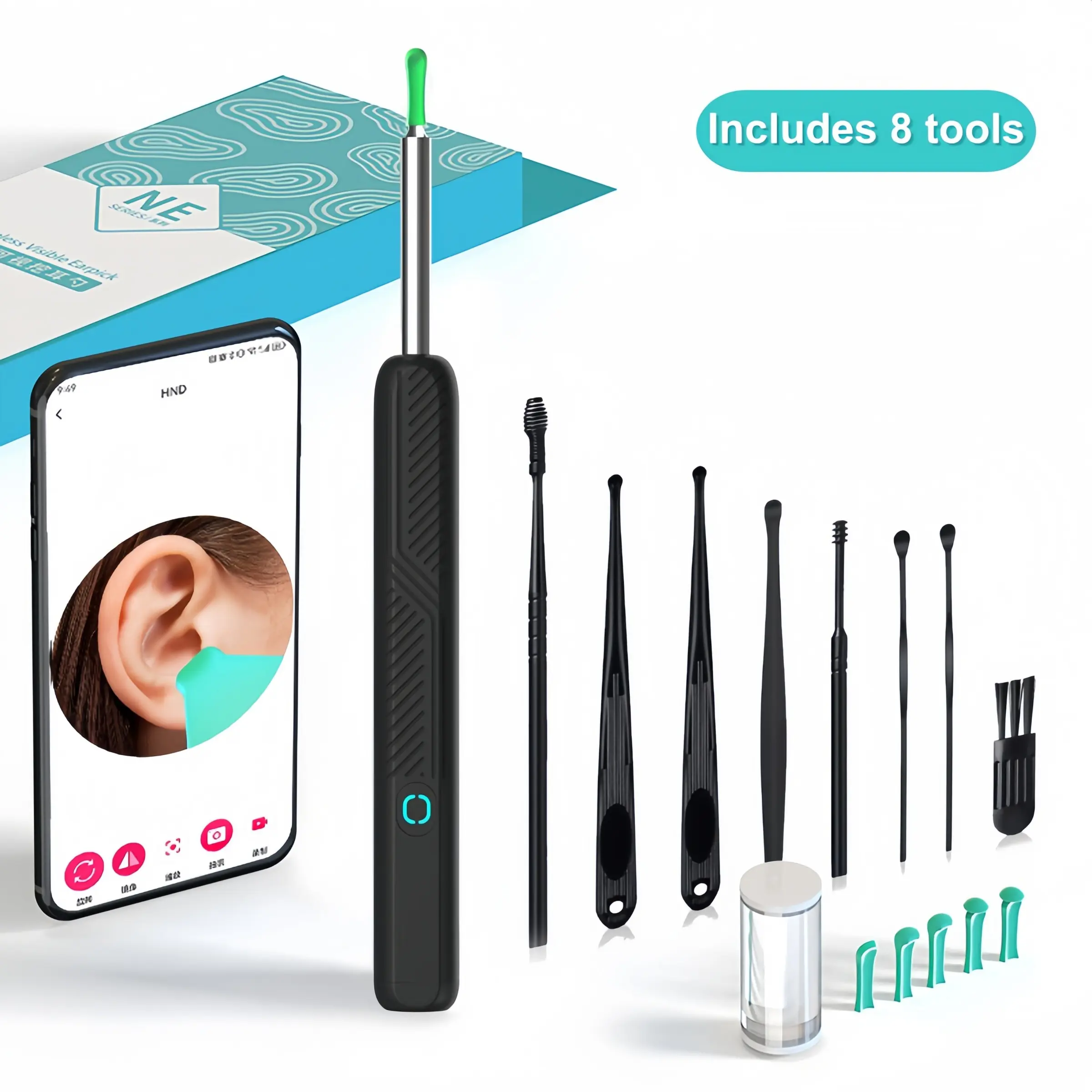 Ear Canal Cleaner, Ear Cleaner with 360° Wide Angle Camera and Light, Waterproof, Type-C Charging, Ear Cleaning Tool with 8 Accessories for iPhone and Android Phones, Christmas Gifts, Ear Wax Remover, Earwax Removal Tools