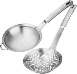 2 Pcs Fine Mesh Stainless Steel with Hole Sieve,Food Strainer,Grease Spider Skimmer And With Handle Large Holes Slotted Colander Frying Spoon Set,Valentine's Day Gifts,Tools & Hardware