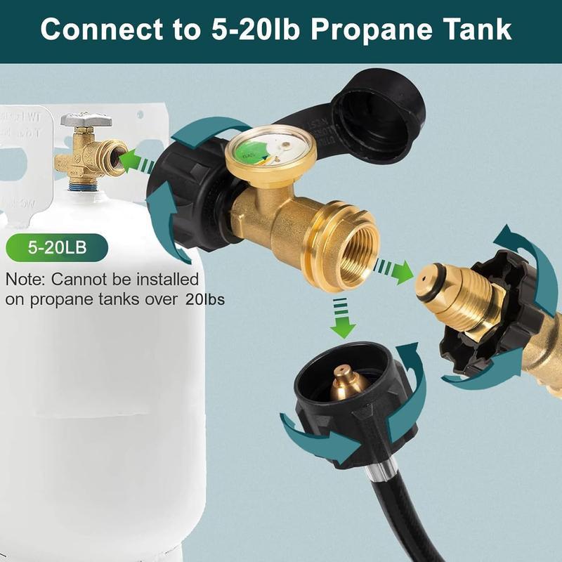 Propane Tank Level Indicator & QCC1 Adapter with Built-in Pressure Gauge – Solid Brass Gas Connector for 5–20lb Propane Tanks, BBQ Grill, Stove, Heater & Outdoor Use