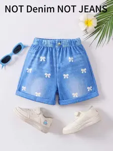 1-piece set of girls' shorts, imitation denim shorts, Summer Shorts, bow graffiti letter/flower prints full printed knitted imitation denim pants, casual loose, soft and comfortable outdoor wear, shorts for girls over 3 years old, holiday party gifts