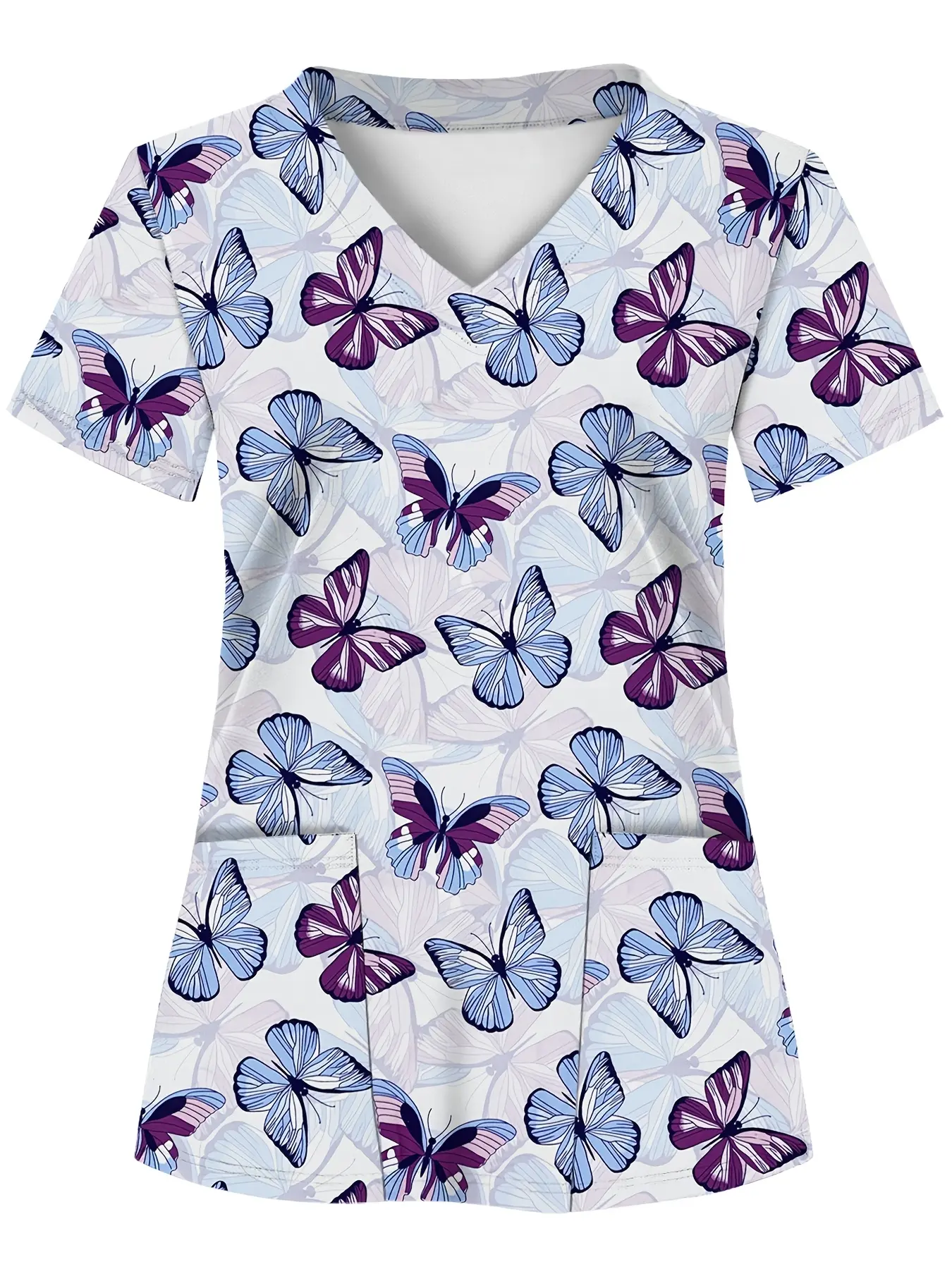 Full-body Print, Blue and Red Butterfly Pattern, Two-pocket Women's Scrub Top - Soft, Breathable, Practical Uniform Suitable for Hospitals, Dental Clinics, Beauty Salons, and Institutions, Nurse Workwear