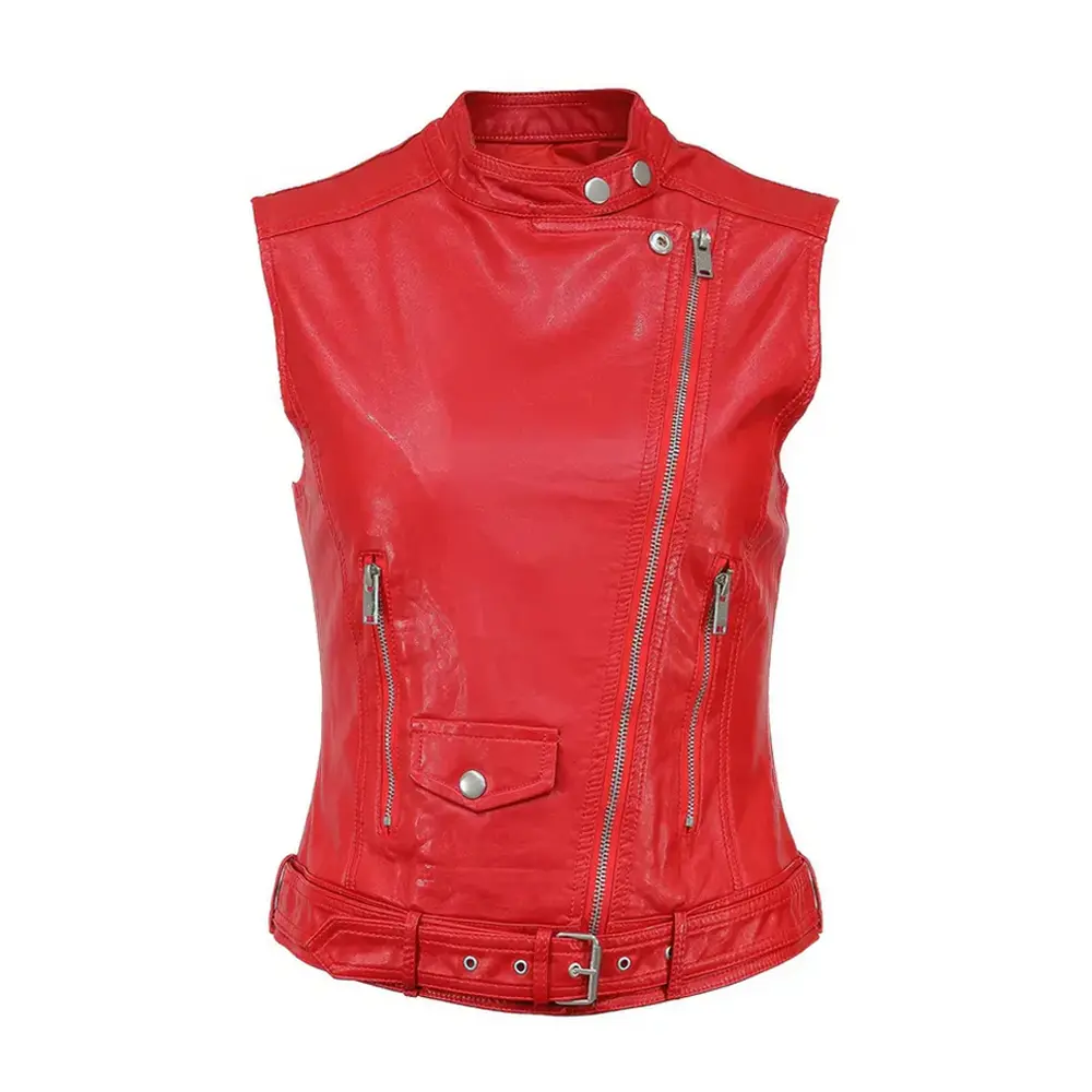 Women's Leather Vest Red Racer Genuine Leather Stand Collar Sleeveless Vest ll Casual Café ll Racer Asymmetric Biker Leather Waistcoat by Hide Crafts