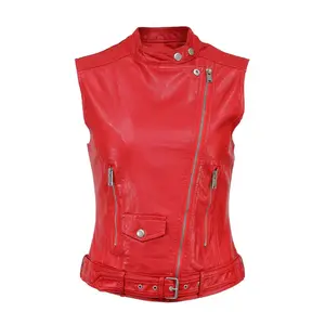 Women's Leather Vest Red Racer Genuine Leather Stand Collar Sleeveless Vest ll Casual Café ll Racer Asymmetric Biker Leather Waistcoat by Hide Crafts