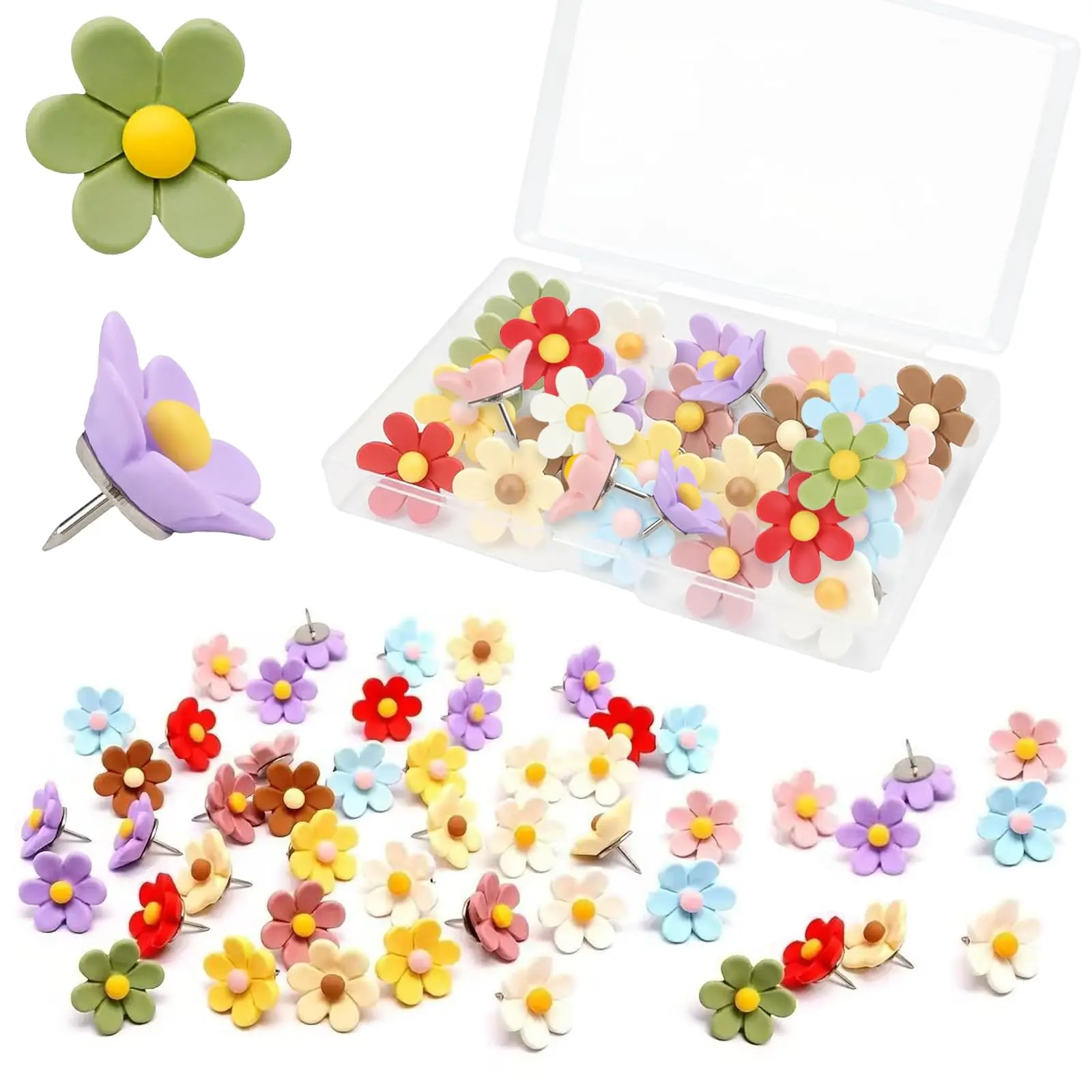 Flower Push Pins - 50 Pcs Decorative Floral Thumb Tacks with Storage Box,  Cute Pushpins for Cork Board Bulletin Board Photo Wall Map Girls Bedroom Office