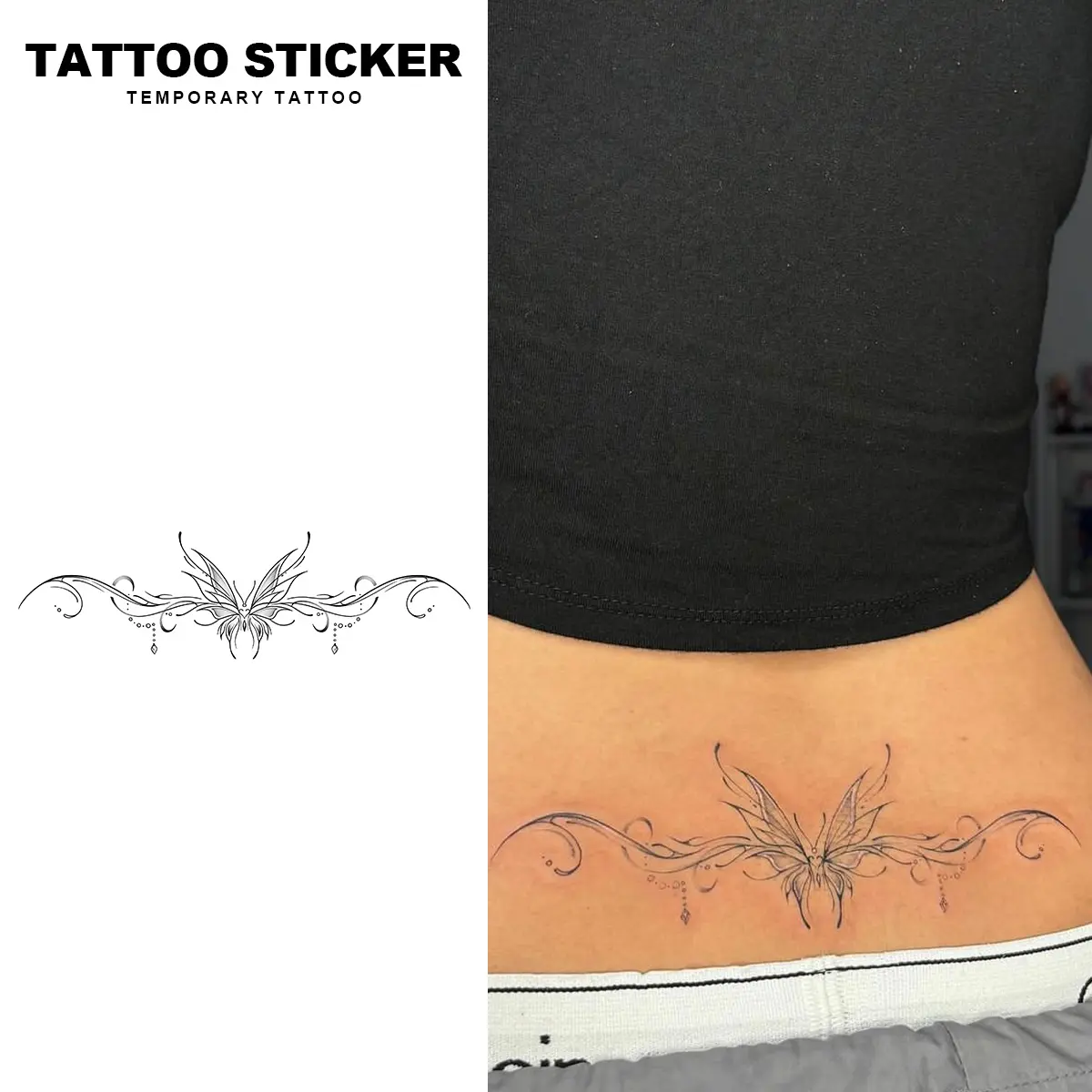 2 PCS Long Lasting Ornamental Scroll Butterfly Waist Band Tattoo Stickers Delicate Fine Line Fairy Butterfly With Drop Charms Waterproof Sweatproof Y2K Lower Back Temporary Body Art For Women