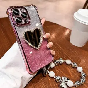 Glitter Heart Shaped Phone Case with Pearl Bracelet & Mirror, Shockproof Phone Protective Cover, Phone Protector, Phone Accessories for iPhone  17 16 Pro Max 15Plus 14Plus 13 12, Casin, Casing