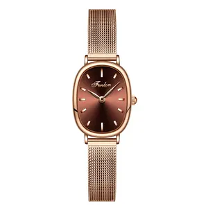 Women's Minimalist Rose Gold Oval Quartz Watch - Slim Mesh Band, Brown Dial, Water Resistant, Elegant Casual Small Wristwatch, Perfect Gift for Her