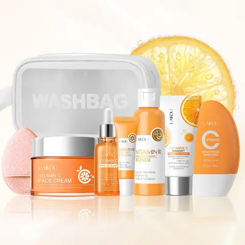 Vitamin C Skincare Set, Glow Skin Set, Radiant Facial Skin Care Product, Sunscreen & Makeup Bag & Puff, Professional Skin Care Kit, Skin Care Sets for Women & Girls