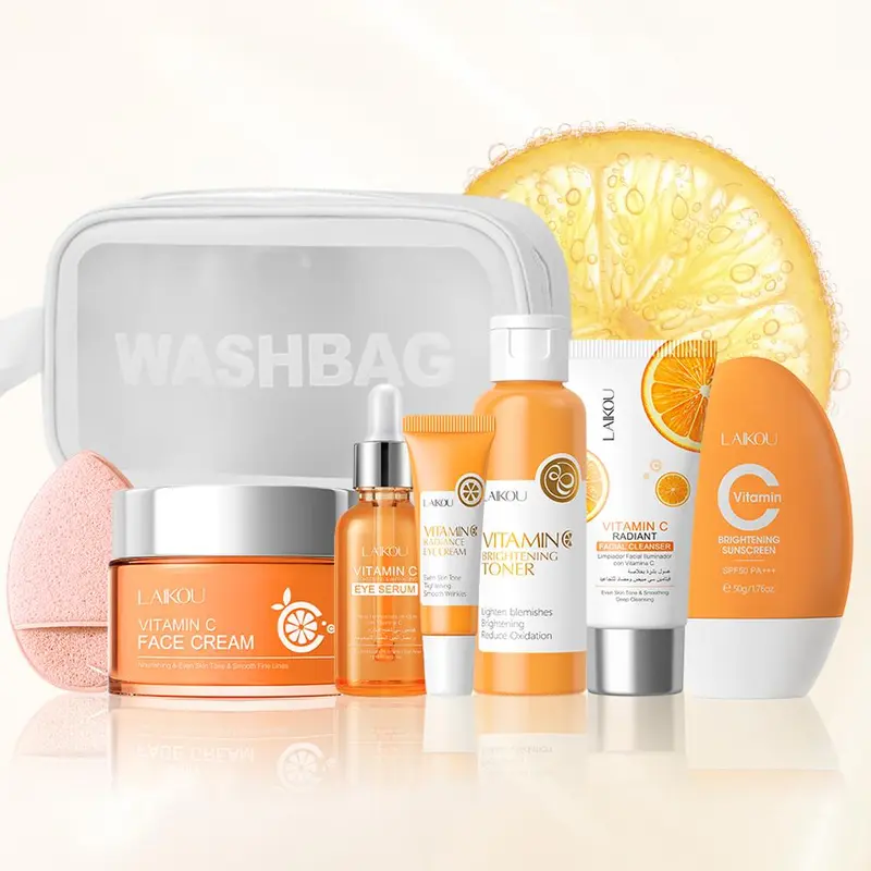 Vitamin C Skincare Set, Glow Skin Set, Radiant Facial Skin Care Product, Sunscreen & Makeup Bag & Puff, Professional Skin Care Kit, Skin Care Sets for Women & Girls